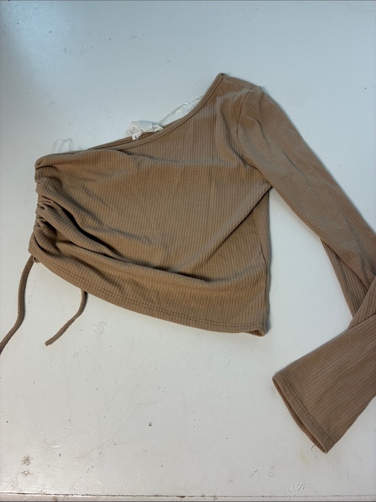 Caution To The Wind Tops - Caution to the Wind Medium One Long Sleeve Tan Ribbed Cinch Side Blouse